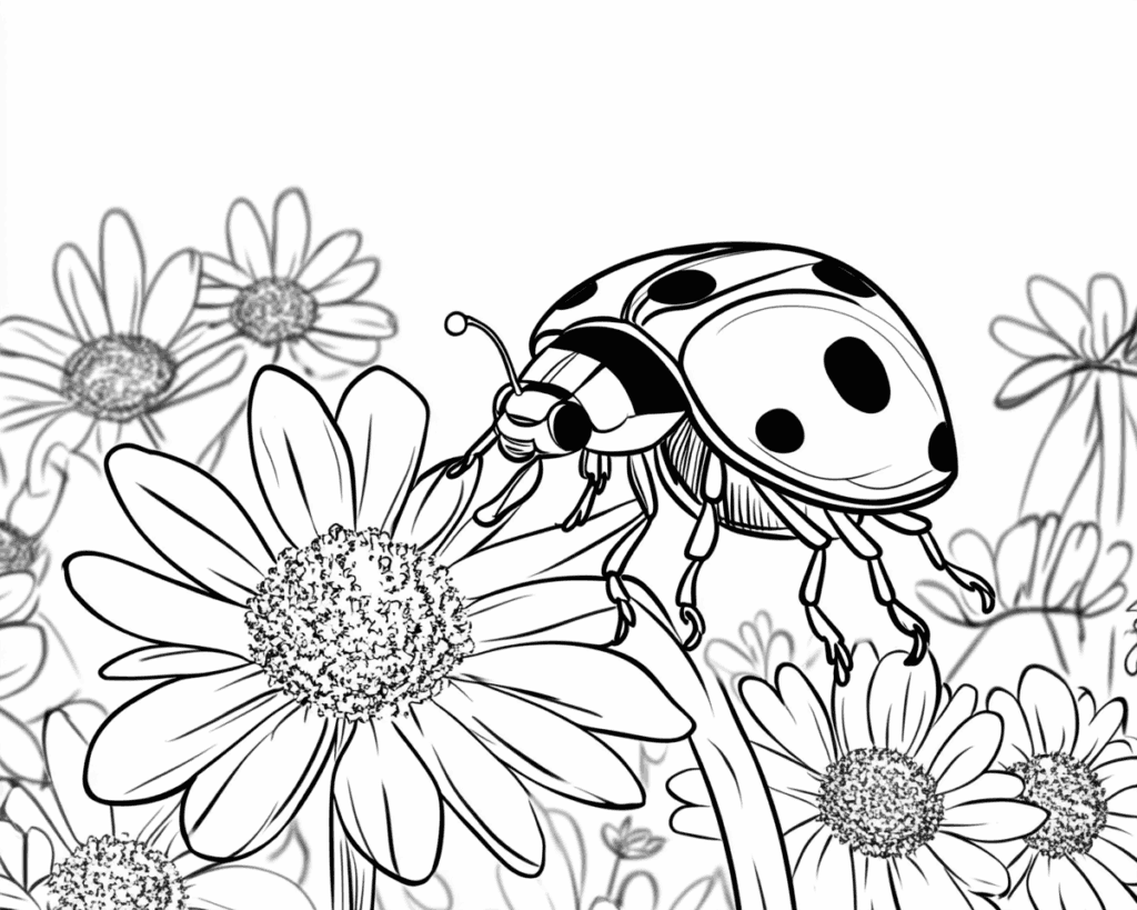 Розмальовка сонечка з великими цятками, що лізе по ромашці серед інших квітів