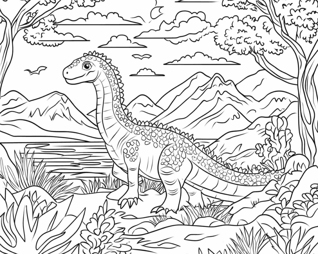 Розмальовка динозавра з довгою шиєю на березі озера з горами й хмарами позаду