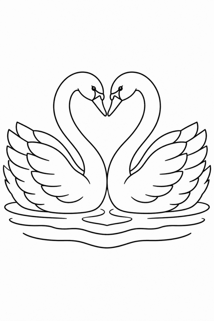 Розмальовка з двома лебедями на озері, шиї яких утворюють серце