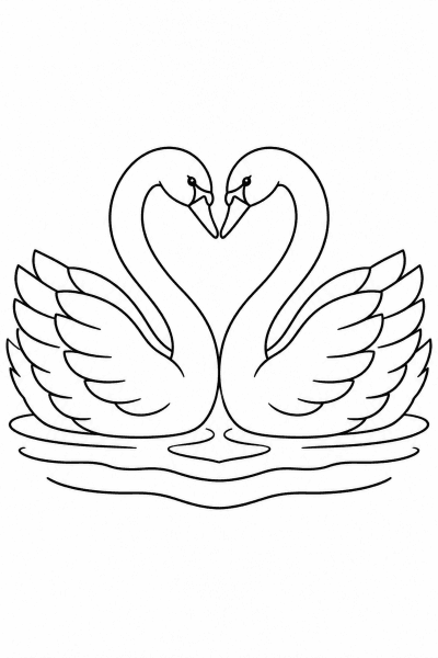 Розмальовка з двома лебедями на озері, шиї яких утворюють серце