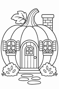 Розмальовка з будиночком у гарбузі з дверима, вікнами з квітами й димарем