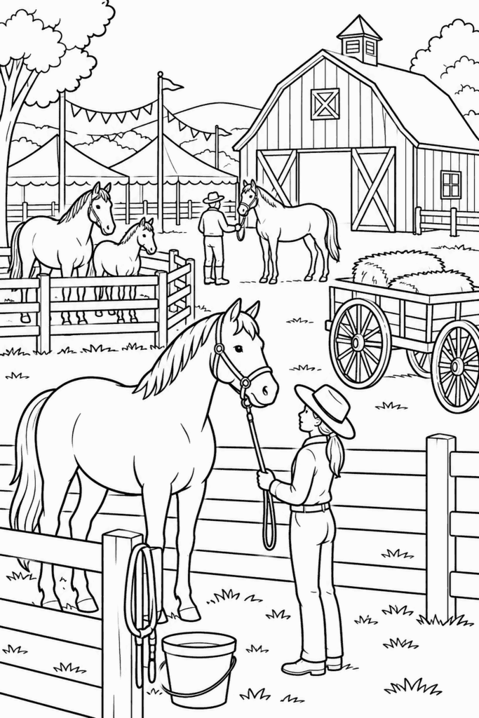 Розмальовка з кіньми в загонах на фермі з возом і стодолою
