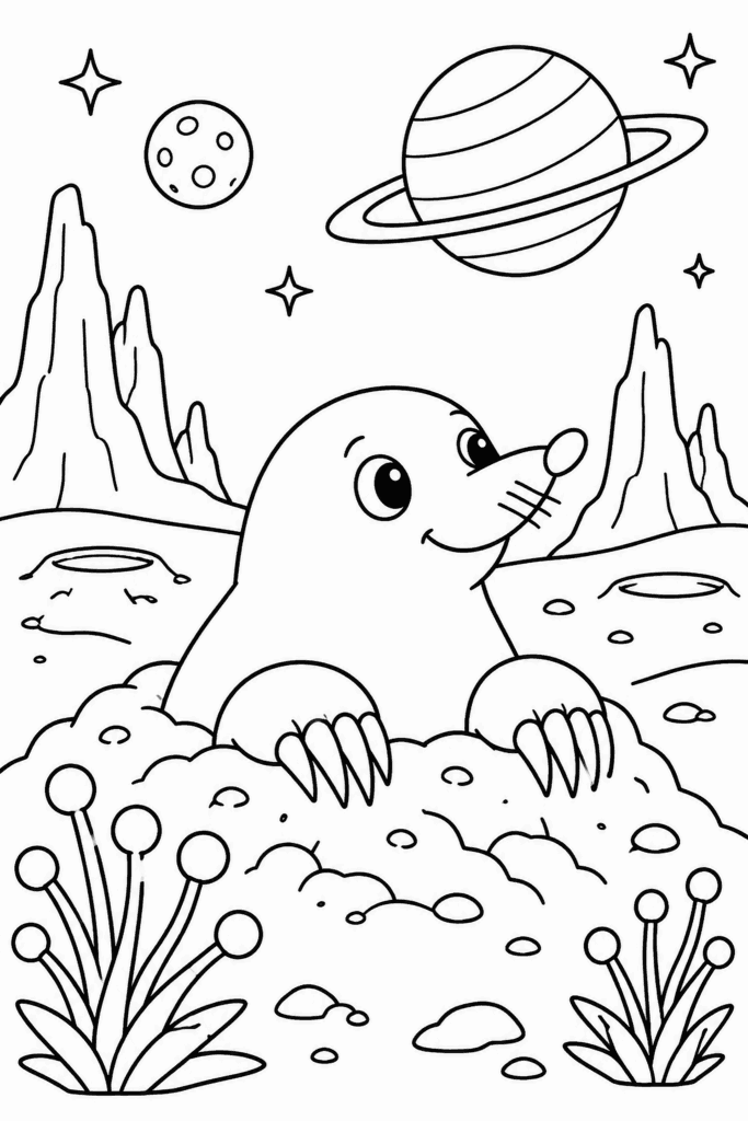 Розмальовка з кротом на чужій планеті із зорями й планетами