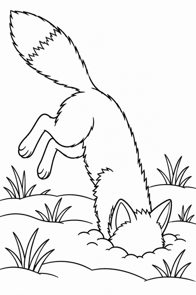 Розмальовка з лисицею, яка стрибає головою вперед у сніг на лузі