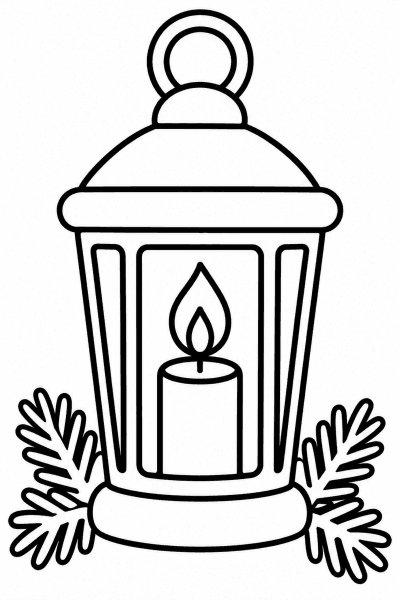 Розмальовка ліхтаря із запаленою свічкою серед ялицевих гілочок