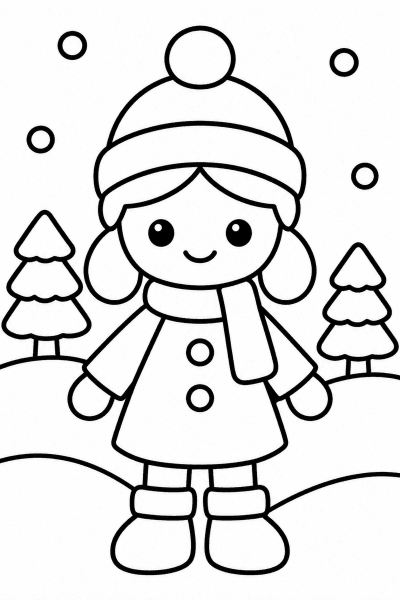 Розмальовка з лялькою в пальтечку й шарфі на снігу зі сніжинками й деревцями