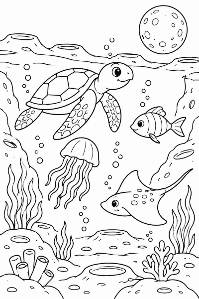 Розмальовка з черепахою, медузою й скатом під водою серед місячних кратерів