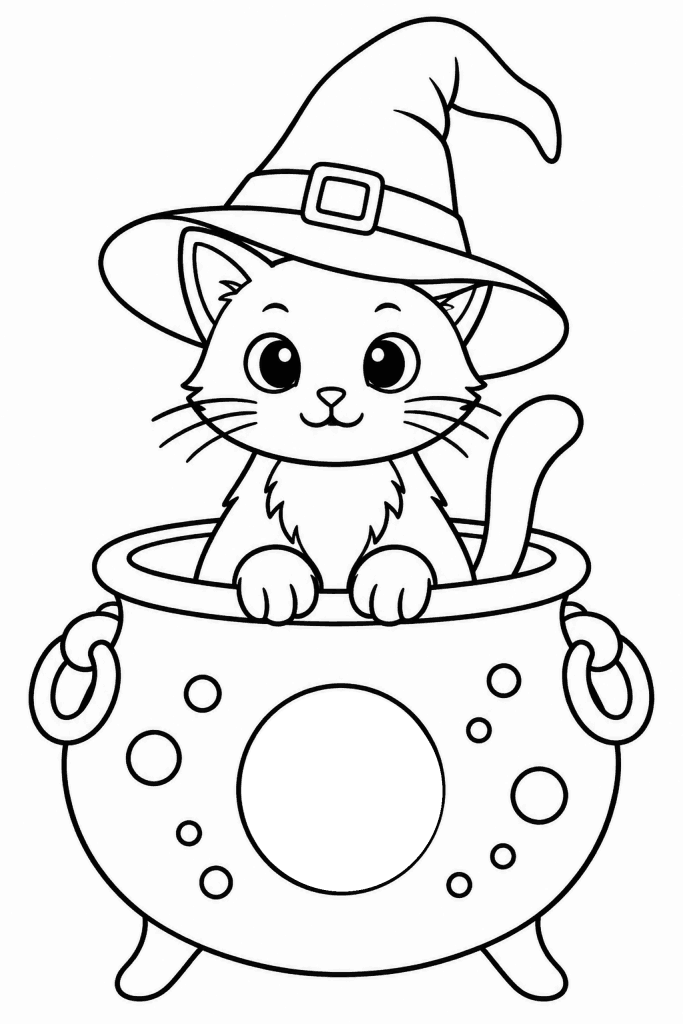 Розмальовка з кішкою в капелюсі відьми, яка сидить у казані