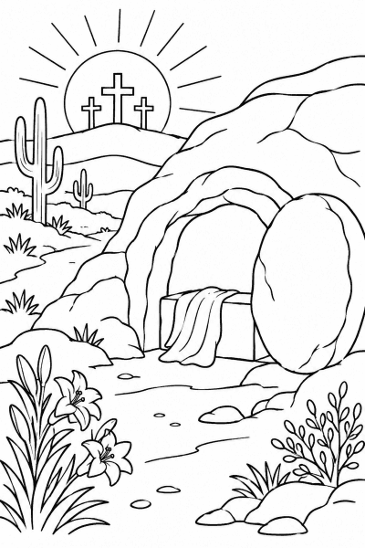 Розмальовка з трьома хрестами й гробницею в пустелі серед кактусів і квітів