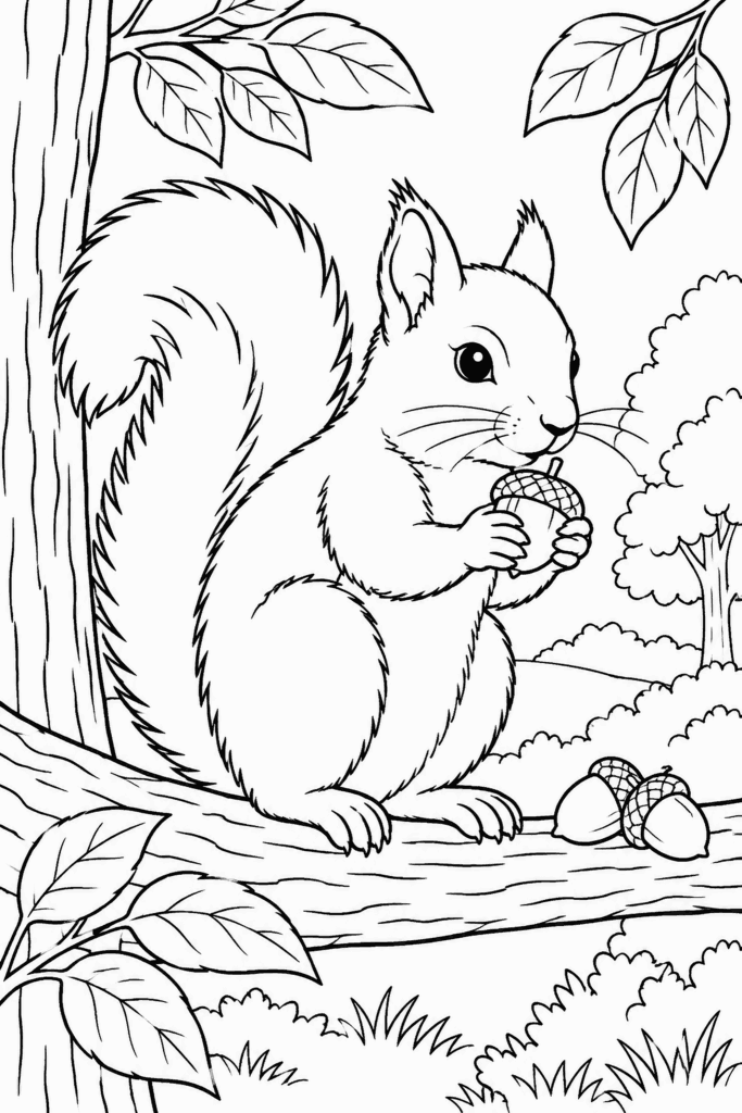 Розмальовка з білкою з жолудем у лапках на гілці, поруч ще два жолуді