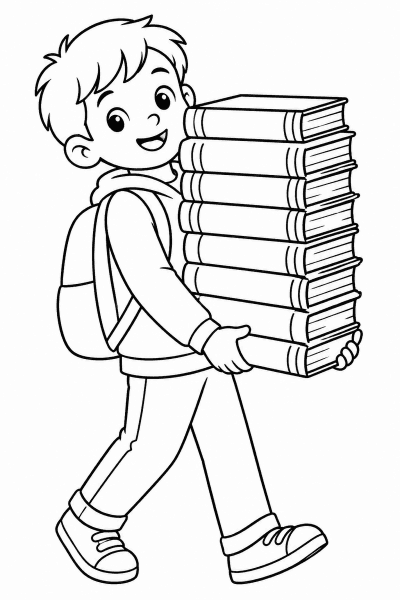 Розмальовка з дитиною з рюкзаком, яка несе великий стос книжок