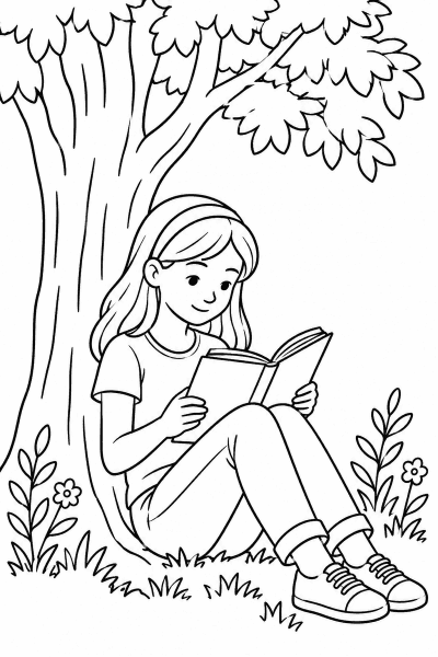 Розмальовка з дівчинкою, яка читає книжку під деревом серед квітів і трави