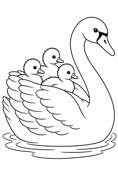 Розмальовка з лебідкою на озері та трьома пташенятами на спині
