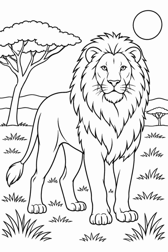 Розмальовка з левом із гривою в савані, деревом і сонцем