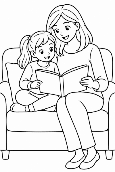 Розмальовка з мамою, яка читає дитині книжку на дивані
