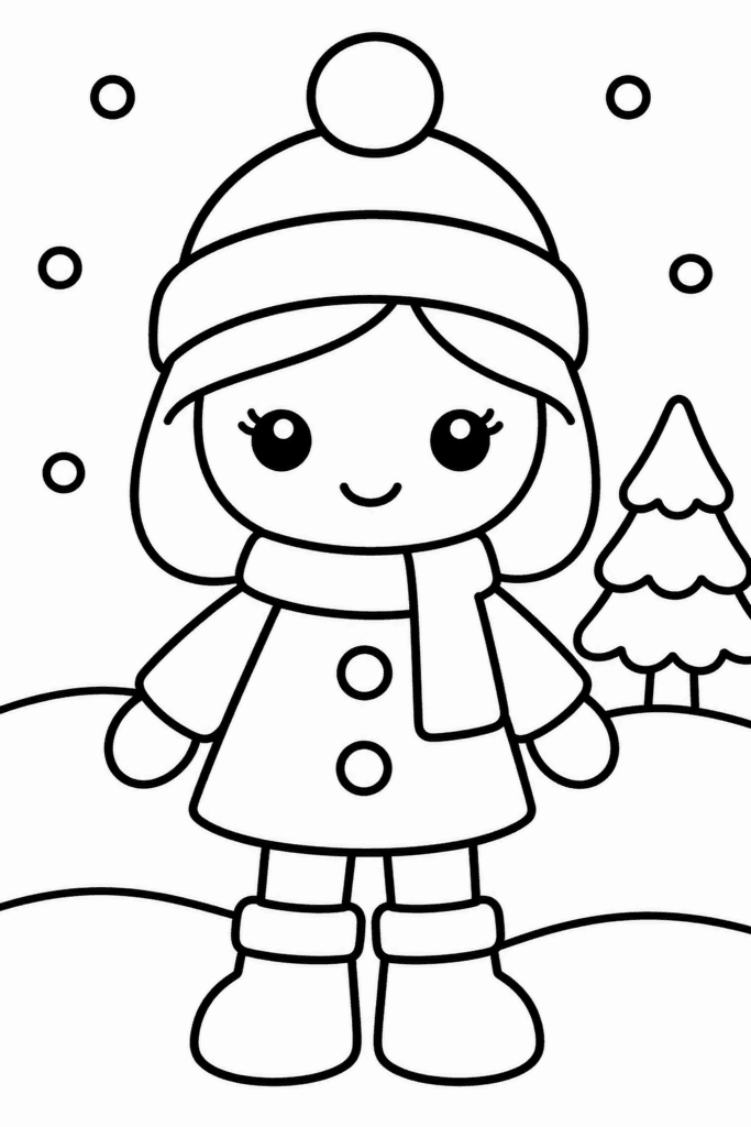 Розмальовка з лялькою в шарфі й шапці на засніженій галявині біля деревця