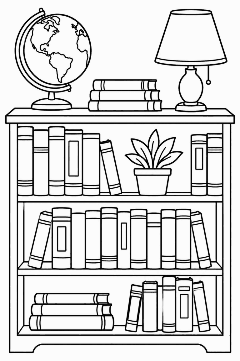 Розмальовка з полицею, повною книжок, із глобусом, лампою й квіткою