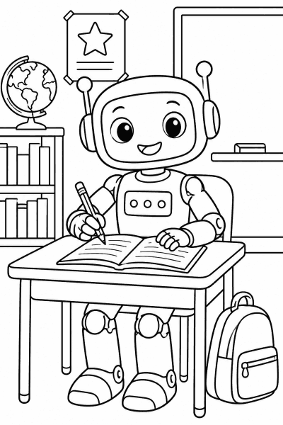 Розмальовка з роботом за шкільною партою з розгорнутою книжкою й олівцем