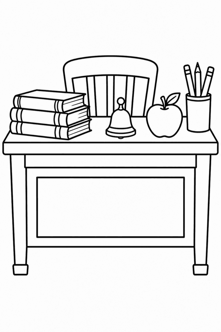 Розмальовка з учительським столом, книжками, дзвоником, яблуком та олівцями