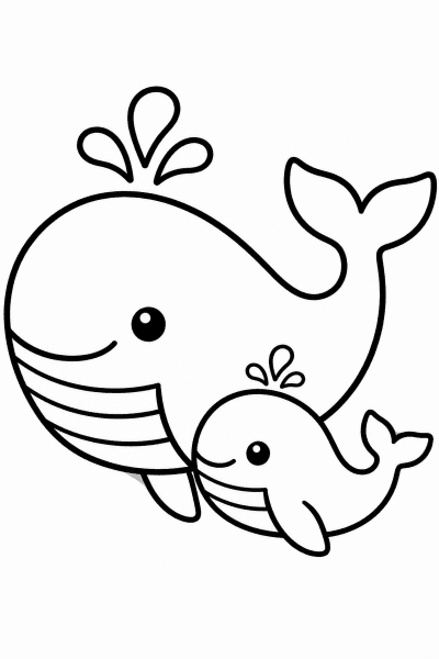 Розмальовка з великою китихою та її малям із фонтанчиками води